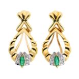 A pair of diamond and emerald 18ct gold drop earrings, open work design, each set with a marquise