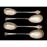A pair of Victorian silver serving spoons, engraved with butterflies and flowers, London 1893,