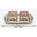 A pair of early 20th Century, circa 1925, Chinese silver and enamel tea boxes on matching tray,