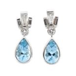 A pair of diamond and aquamarine 18ct white gold drop earrings, comprising rub-over set pear cut