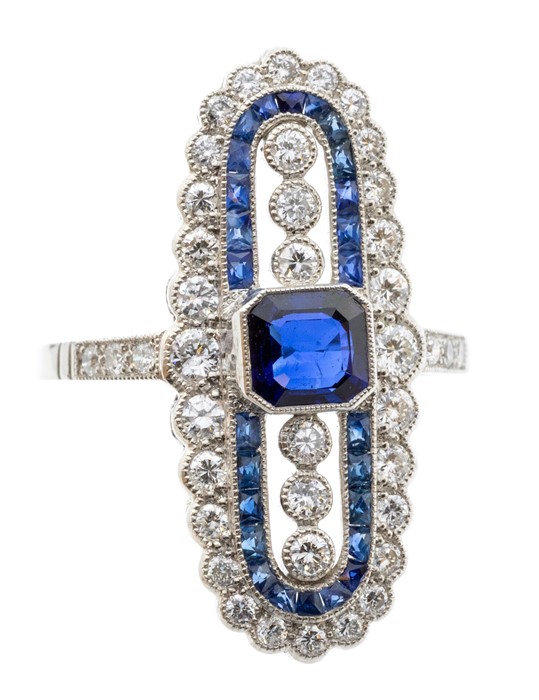 A sapphire and diamond platinum ring Art Deco style sapphire and diamond platinum ring, set to the