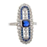 A sapphire and diamond platinum ring Art Deco style sapphire and diamond platinum ring, set to the