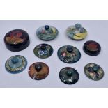 Moorcroft: 10 Moorcroft lids to include Claremont, Dawn etc. Claremont diameter approx 7cm.