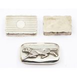 A collection of three silver snuff boxes to include: engine turned cartouche shaped by George