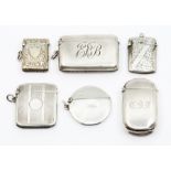 Six various late 19th and early 20th Century silver vesta cases: one plain circular, by William