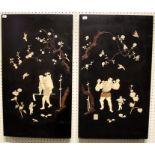 A pair of Japanese Meiji period lacquer panels inlaid with ivory and mother of pearl showing
