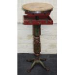 An unusual hand crafted bird feeding table with circular wood top, undertier, on a carved painted