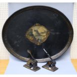 A large Victorian "Pontypool" type "Japanned) oval tray with a central panel painted with a castle