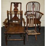 A 19th century wheel and stick back windsor armchair, two other vernacular dining chairs and an