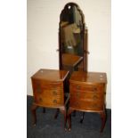 A Queen Anne style cheval dressing mirror together with  a pair of bow-fronted burr walnut bedside