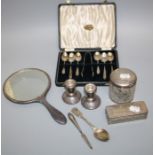 A collection of silver topped,glass dressing table jars. Together with a pair of squat silver