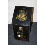 A Victorian florally painted toleware coal scuttle with sloping hinged cover and lion's mask ring
