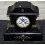 A Victorian black slate mantle clock, the architectural case applied with gilt metal masks
