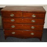 A Geo III mahogany, low chest of Two short over Three long drawers . Raised on shaped bracket feet