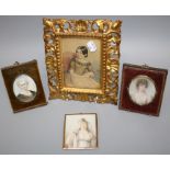 An early 19th century, three quarter portrait miniature on ivory panel of a classical muse her dress