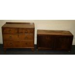 A Geo IV mahogany two door low cupboard together with a walnut low chest of drawers. 106cm wide (the