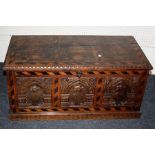 A probably Yorkshire, 19th century oak coffer with incised and inlaid decoration. 94cm wide