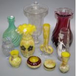 A collection of decorative glass ware to include Caithness style vase, Italian art glass Victorian