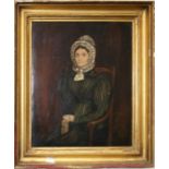 19th century British school, three quarter length portrait of a seated lady wearing a lace trimmed