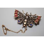 A Victorian gemset Butterfly brooch/pendant. 2 x rose cut diamonds missing