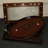 A late Victorian mahogany, strung and mother of pearl heart inlaid tray, an Edwardian mahogany