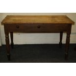 A Victorian pine farmhouse kitchen table, the rectangular planked top on baluster turned tapering