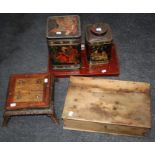 A Vintage Teacher's whisky wooden box, a Japanese red lacquer tray, two storage tins decorated