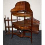 A Geo III mahogany corner washstand with splay supports together with two decorative wooden wall