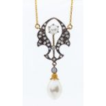 A diamond and pearl vintage style silver gilt necklace, open design set to the centre with a round