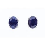 A pair of sapphire and silver stud earrings, claw set, size approx 8 x 6mm, post and scroll fittings