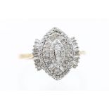 A diamond and 9ct gold dress ring, comprising a navette shaped head, set with alternate rows of