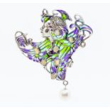 A silver and plique a jour brooch in the form of an Art Nouveau lady, the dress adored with oval and