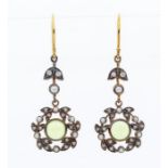 A pair of peridot and seed pearl silver gilt drop earrings, comprising round cabochon cut peridot