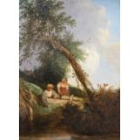 Edward Charles Williams (British, 1807-1881), two figures fishing, oil on canvas, 30 by 21cm, gilt
