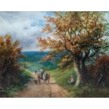 George Turner (British, 1843-1910), landscape with a pony trap, dog and figures on a lane, signed