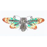 A silver and plique a jour brooch in the form of an be, the body and wings set with marcasite,