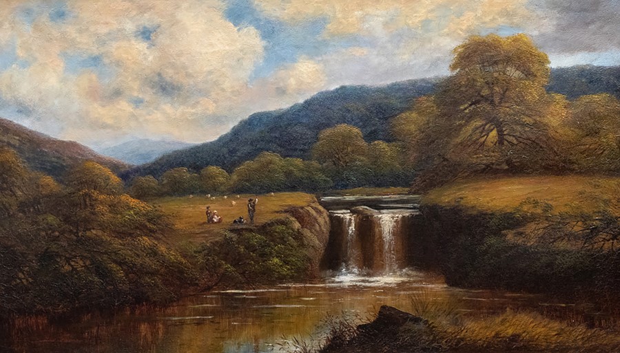 George Turner (British, 1843-1910), a landscape with a waterfall, a fisherman, infants and a dog,