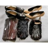 A pair of snakeskin brown shoes 1970s together with a matching clutch and a pair of sheepskin gloves