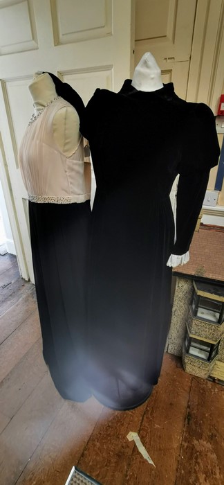 A long sleeved black dress by QUAD. Size 12. Late 1960s with cotton cuffs. Plus a MOSS crepe 1960s