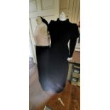 A long sleeved black dress by QUAD. Size 12. Late 1960s with cotton cuffs. Plus a MOSS crepe 1960s