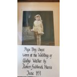 Page boys outfit worn by Robert Fredderick Harris June 1931 at the wedding of a Gladys Walker. The