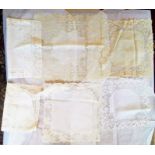 A white linen handkerchief with a crocheted frieze and corners, 1930/40's, a small cream cotton lawn