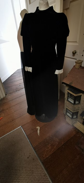 A long sleeved black dress by QUAD. Size 12. Late 1960s with cotton cuffs. Plus a MOSS crepe 1960s - Image 6 of 9