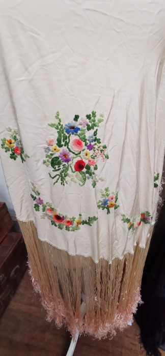 A late 1920s shawl and a 1930s shawl, large. One black with colourful embroidery and another in - Image 6 of 10