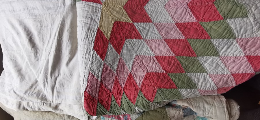 A large faded stained Victorian quilt in assorted colours, plain lining with holes; a colourful - Image 3 of 3