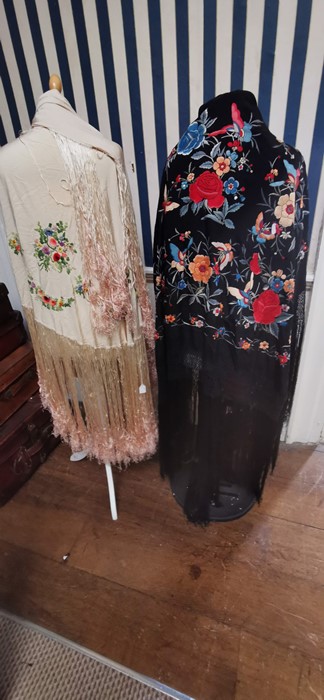 A late 1920s shawl and a 1930s shawl, large. One black with colourful embroidery and another in - Image 2 of 10