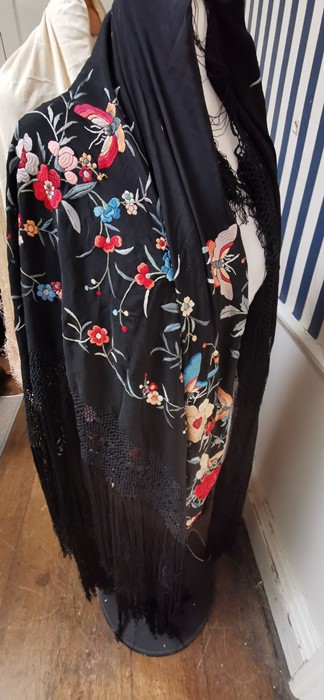 A late 1920s shawl and a 1930s shawl, large. One black with colourful embroidery and another in - Image 4 of 10