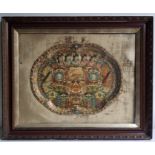 A cigar band and box label decoupage tray, within carved wood frame and under glass, 78cm x 95cm