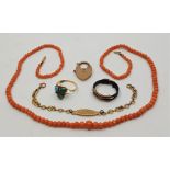 a collection of yellow metal items to include coral necklace (qty)