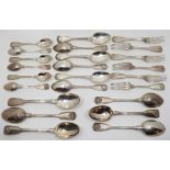 A matched part set of fiddle, thread and shell pattern silver flatware for six, to include: three